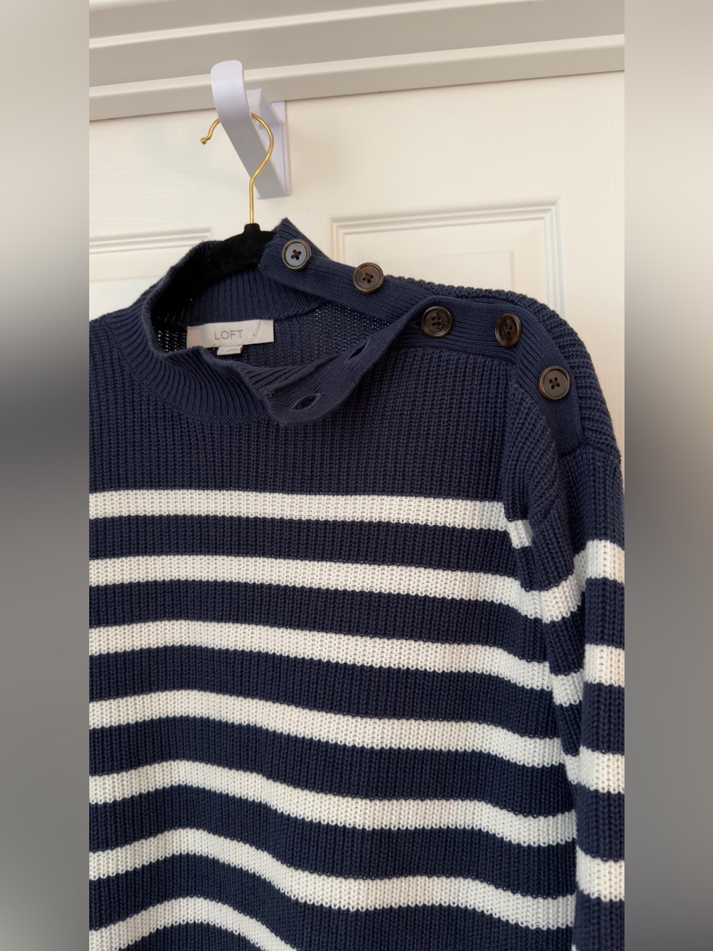 Loft striped summer sweater navy and white button neck mock neck long sleeve top - Picture 2 of 4